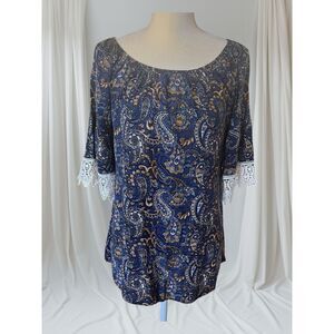 Voelle Paisley Blouse Lace Sleeve Top Multicolor Print Women's Size L